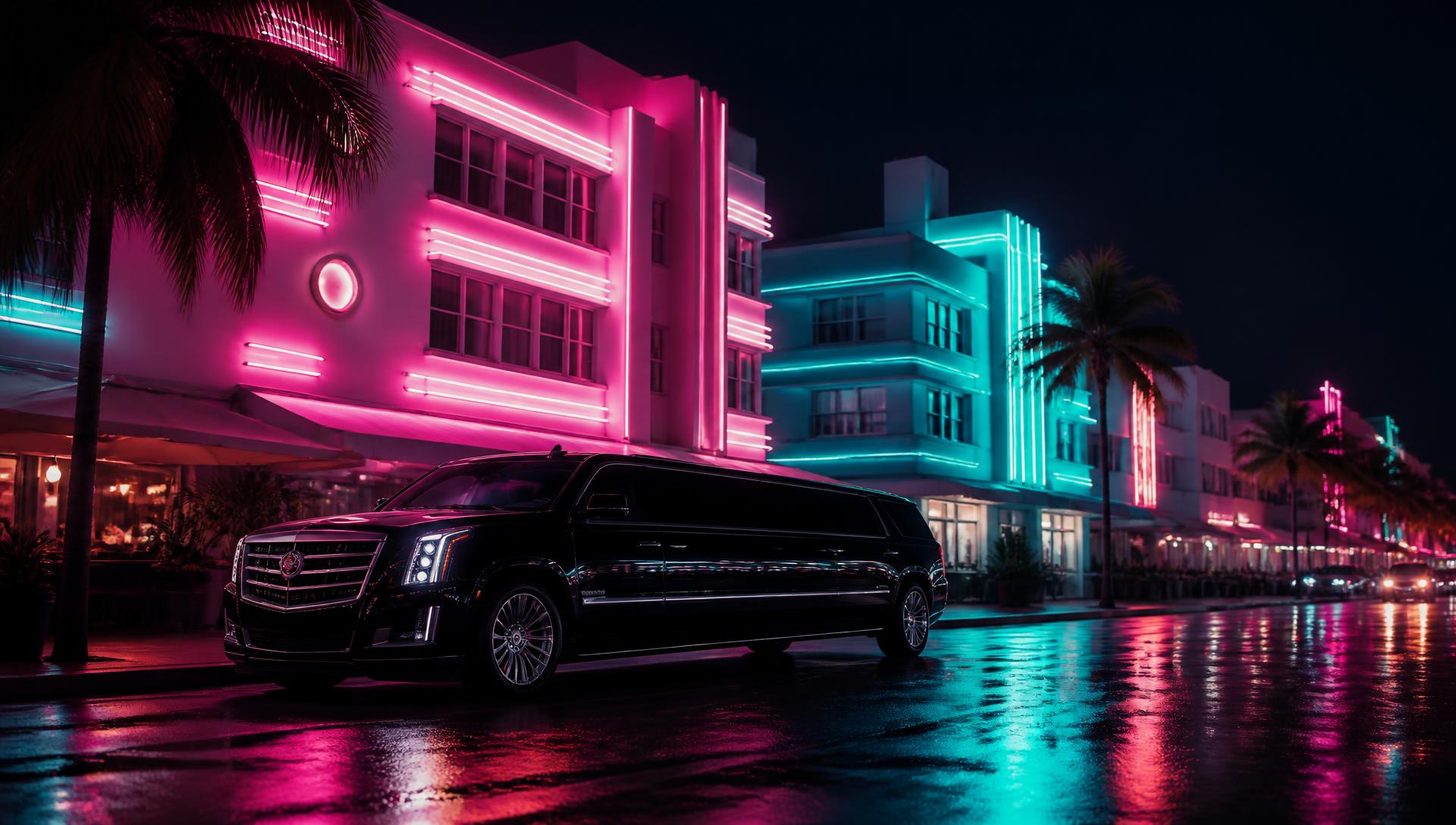 Black stretch limousine parked on Ocean Drive beneath neon Art Deco hotels at night